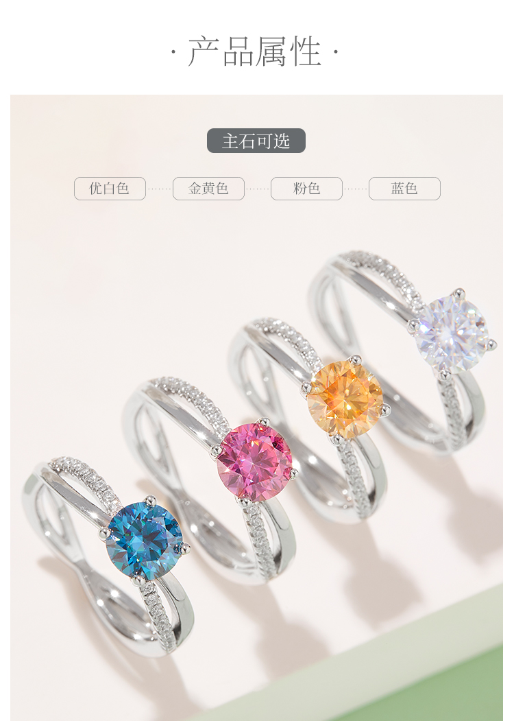 双臂刘诗诗同款S925银镀白金莫桑钻女戒1克拉D级 - 2